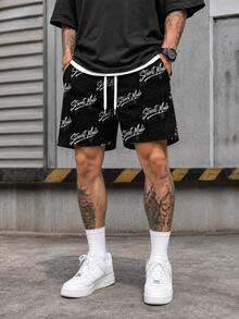 Midnight All-Over Print Drawstring Mesh Shorts, Men's Casual Loose Basketball Shorts, Streetwear Hip-Hop Print Shorts, Suitable For Daily, Sports And Urban Street Style - Black - View 4
