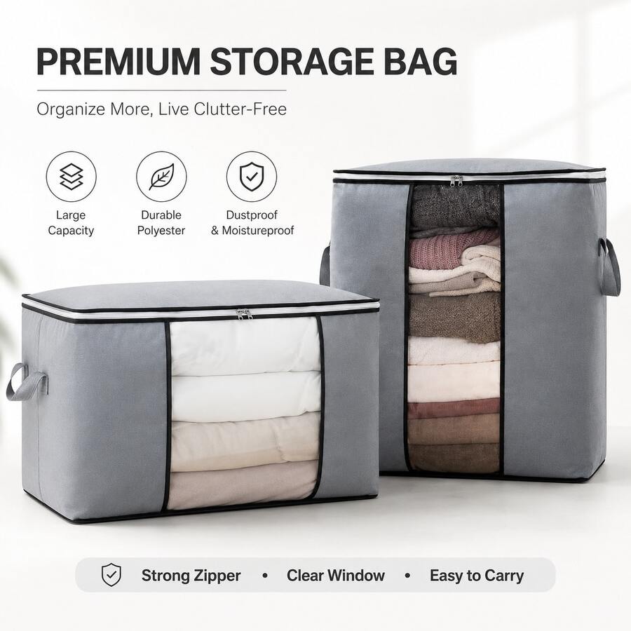 1pcs Large Capacity Quilted Storage Box Zipper - Portable Towel, Bed Sheet, And Clothing Storage Box, Grey Fabric Container With Check Mouth And Handle Multi Layer Design For Easy Access And Storage, Wardrobe Storage (Horizontal And Vertical) - Grey - View 1