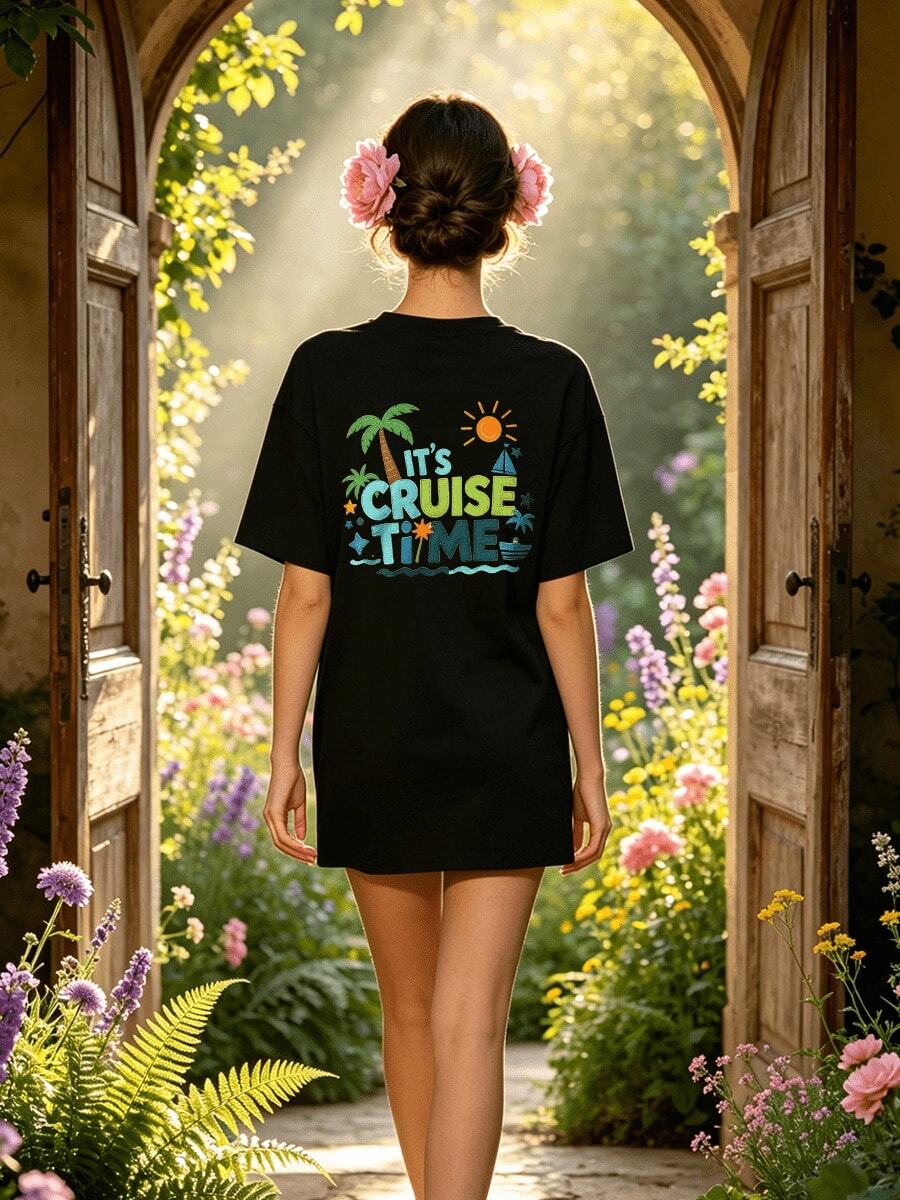 Camiseta de manga corta con cuello redondo suave y casual para mujer, estilo bordado con estampado gráfico "Cruise Time" para primavera y verano. - Negro - Ver 1