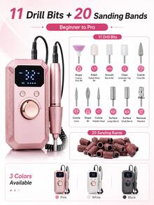 專業無線電動美甲磨甲機，可充電便攜式壓克力凝膠美甲修甲組，附11個磨頭與20個磨砂環，高速無線電動美甲修甲機，適用於凝膠美甲卸除、美甲、足部護理、美甲沙龍與居家DIY禮物，返校、秋季、旅行必備 - 彩色 - 查看 9