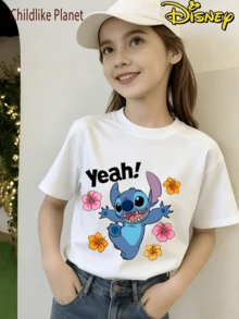 Disney Women's 2026 New Lilo & Stitch Stitch Yeah! Hibiscus Flower Graphic Print Short Sleeve Crew Neck T-Shirt,  Casual Regular Fit Top For Everyday Wear - White - View 1