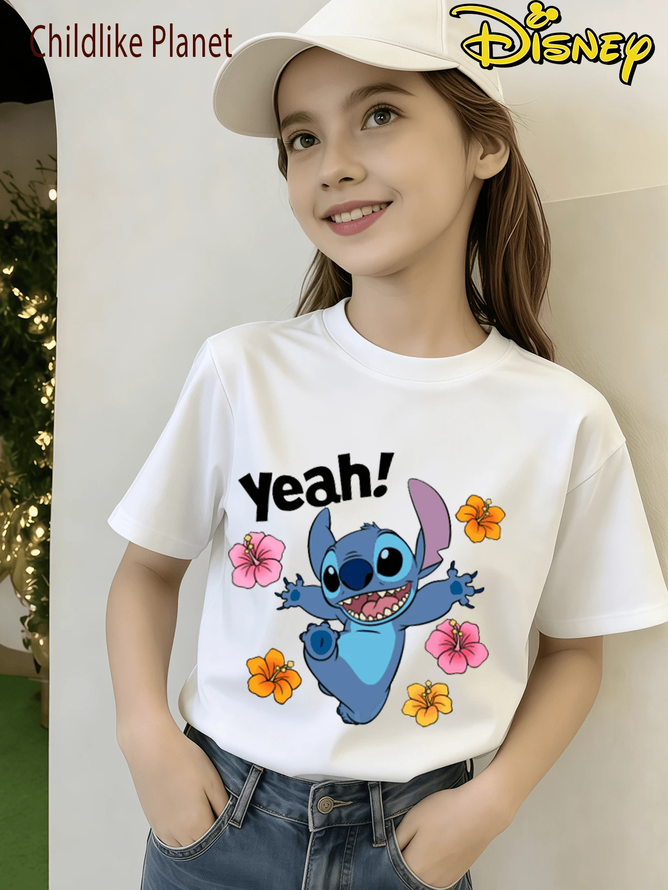 Disney Women's 2026 New Lilo & Stitch Stitch Yeah! Hibiscus Flower Graphic Print Short Sleeve Crew Neck T-Shirt, Casual Regular Fit Top For Everyday Wear - White - View 1