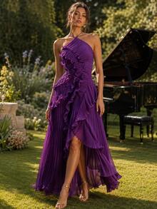 Lilac Chiffon One Shoulder Maxi Dress With Cascading Ruffles - Asymmetric Hem Evening Gown, Elegant Formal Party Wear - Bold Plum - View 1