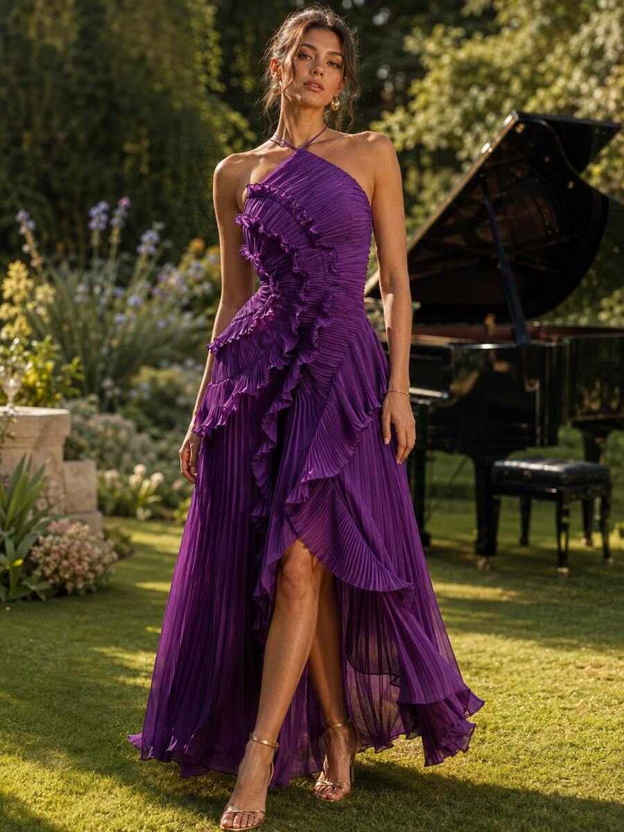 Lilac Chiffon One Shoulder Maxi Dress With Cascading Ruffles - Asymmetric Hem Evening Gown, Elegant Formal Party Wear - Bold Plum - View 1