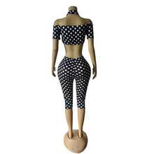 Women's Sexy Polka Dot Off Shoulder Crop Top & Bodycon Shorts Two Piece Set With Slight Stretch Fabric For Elegant Style - Black - View 3