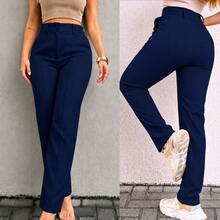 Calça Alfaiataria Social Casual Feminina Bolsos Botão Forrado Elegante Cintura Alta Confortável - Azul Marinho - Visão 3