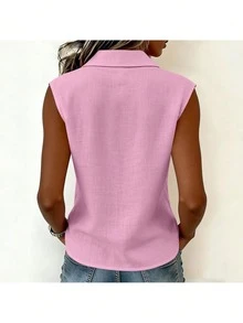 女款無袖鈕扣襯衫，仿亞麻罩衫，純色V領休閒工作背心，夏季粉色 - 粉色 - 查看 2