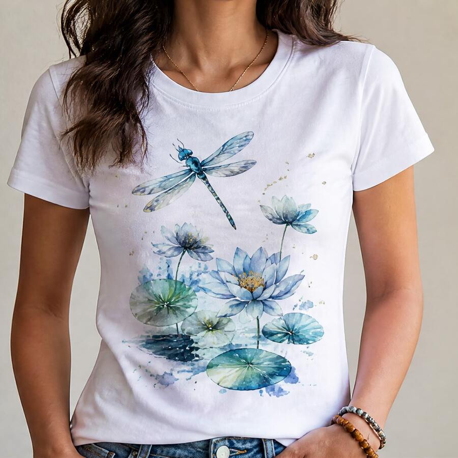 Playera mujer con estampado libélula y loto, camiseta para dama manga corta, blusa casual femenina, top juvenil floral elegante, ropa cómoda para mujer, camiseta cuello redondo, playera con diseño natural, blusa ligera para primavera verano, outfit casual para diario, paseo, oficina informal, vacaciones y fin de semana, regalo para mamá amiga novia o hermana - Blanco - Ver 1
