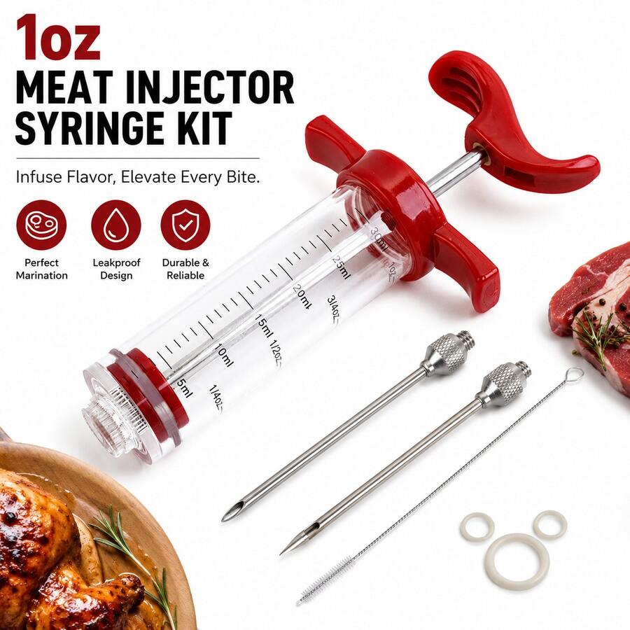 Ofargo Meat Marinade Injector Syringe Kit, 1oz BBQ Flavor Injector With 2 Stainless Steel Needles, Leakproof Plastic Meat Injector For Turkey, Chicken, Beef & Grill Smoking, Red - Red - View 1