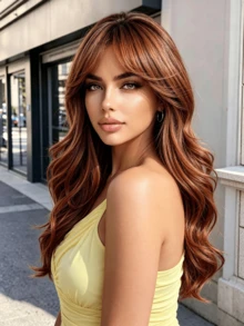 20 Inch Copper Red Long Curly Wig With Face-Framing Bangs, Heat-Resistant Synthetic Hair, Natural And Beautiful, Suitable For Daily Wear, Parties, Holidays And Cosplay - Burnt Orange - View 3
