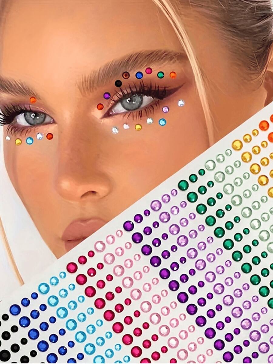 3D Self-Adhesive Rhinestone Stickers - Round, Sparkling Gem Decals For Face, Body, And Nail Art - Ideal For Stage Performances, Concerts, Parties, And Makeup Decoration - Party Accessories, Vibrant Designs, High-Gloss Finish, Stage Decor, - Multicolor - View 1
