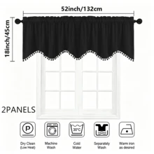 1/2/3/4 pièces, rideaux de fenêtre en polyester de style luxe européen à haute précision, bord inférieur en vague en forme de S, décoration de franges à pompons, doux et lisse, décoration d'intimité, lavable, conception de poche pour tringle, convient pour la décoration de fenêtre du salon, de la chambre, de la cuisine - Noir - Voir 8