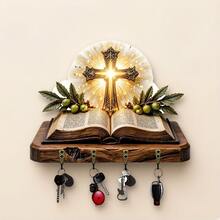 1pc Cross, Dove And Lily Shaped Key Hook, Wall-Mounted Storage Rack, Wooden Multi-Functional Home Key Holder, 2D Flat Design, With 4 Metal Hooks, Wall Decor, Entryway Decor, Room Decor, Villa Decor, All-Season Home Decor - C - View 4