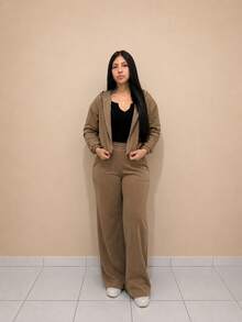 Comfortable Tracksuit Set With Metal Zipper, Long Sleeves And Wide-Leg Pants With Pocket. - Mocha Brown - View 3
