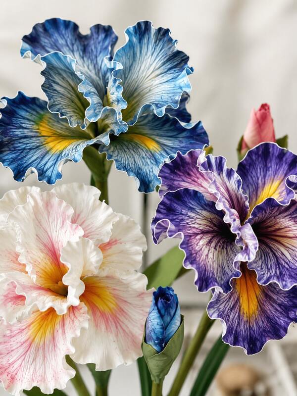 3pcs 45cm Artificial Iris Flowers With Buds, Vintage Fake Iris Stems, Realistic Texture Faux Flowers For Spring Home Decor, Office, Garden, Party, Shop Decoration, Wedding And Holiday, Centerpiece, DIY Craft, Tabletop Decoration