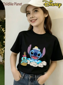 Disney Women's 2026 New Lilo & Stitch Stitch And Scrump Bath Time Graphic Print Short Sleeve Crew Neck T-Shirt, Casual Regular Fit Top For Everyday Wear - Black - View 1