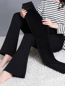Women's High-Waisted Flannel Flare Pants In Fleece-Lined Thermal Spandex - Black - View 2