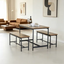 Dark Brown Rectangular Dining Set With 2 Benches For 4 People, Plain Design - Black - View 5