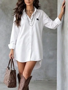 Plus Size White Woven Shirt With Embroidered Collar, Drop Shoulder Design And Asymmetric Hem - White - View 4