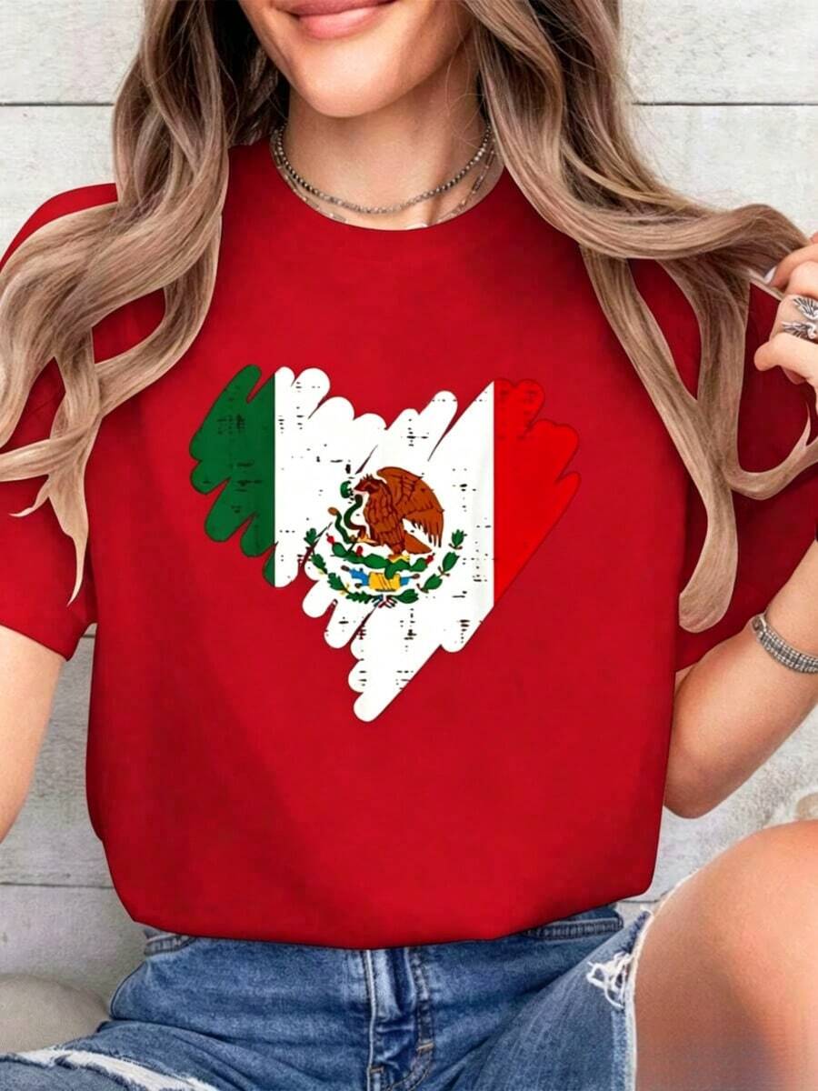 Cotton T-Shirt With Mexican Flag And Heart Print For Women, Girls And Boys, For Mexican Independence Day, Summer, Soft Short Sleeve T-Shirt For Women, Modern And Comfortable. - 紅色 - 查看 1