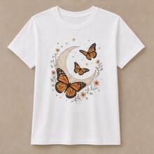 Playera para mujer estampado mariposa monarca y luna, camiseta femenina manga corta, blusa casual para dama, top juvenil con diseño celestial, ropa de mujer cómoda, camiseta cuello redondo, playera aesthetic para diario, blusa ligera de primavera verano, regalo para amante de mariposas, outfit casual, prenda para vacaciones, paseo, escuela y fin de semana - Blanco - Ver 4