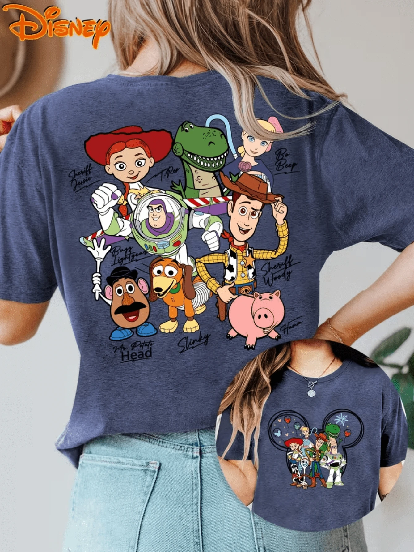 Disney Toy Story Characters Woody & Buzz Lightyear Cotton Blend Graphic Tee, Retro Family Casual Crewneck T-Shirt - 藍色 - 查看 1