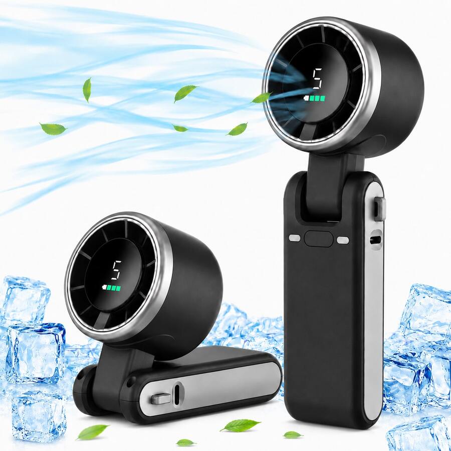 Portable Handheld Turbo Fan, 5000mAh Battery Operated, Up To 12 Working Hours, 5 Gear Wind, LED Display, 180-Degree Foldable, 3-In-1 Hand Fan, Rechargeable Stylish Fan With Air-Turbo-Tech Cooling For Outdoor Activities, Travel, Work&Beach Trip Essentials - 3-in-1 Fan (Hand, Neck & Desk) - 查看 1