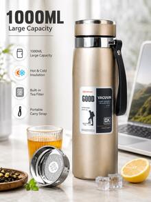 1件 1000ML 不鏽鋼真空保溫瓶，大容量保溫水壺附茶濾網與攜帶背帶，48小時冷熱保溫，防漏旅行咖啡茶水瓶，適用於辦公室、學校、露營、徒步、運動與戶外使用 - B款 - 查看 2