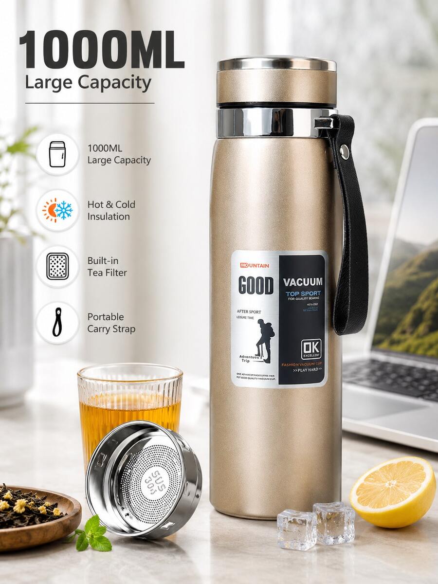 1件 1000ML 不鏽鋼真空保溫瓶，大容量保溫水壺附茶濾網與攜帶背帶，48小時冷熱保溫，防漏旅行咖啡茶水瓶，適用於辦公室、學校、露營、徒步、運動與戶外使用
