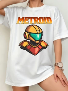 Unisex Metroid Samus Aran Helmet T-Shirt, Minimalist Retro Design - White - View 9