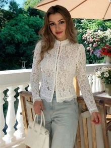 كارديجان نسائي بياقة واقفة وأكمام منفوخة من الدانتيل، أزرار أمامية وتصميم تنحيف، تصميم خصر قصير لرفع خط الخصر، أبيض، مناسب للربيع/الخريف/الشتاء - أبيض - مشاهدة 5