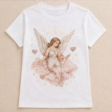 Playera mujer con estampado ángel vintage, camiseta para dama manga corta, blusa casual femenina, top juvenil celestial, ropa cómoda para mujer, camiseta cuello redondo, playera con diseño de nubes y estrellas, blusa ligera para diario, outfit casual para iglesia, paseo, escuela, vacaciones y fin de semana, regalo para mamá amiga novia hermana o hija - Blanco - Ver 4