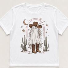 Playera mujer estampada estilo western, camiseta femenina manga corta cuello redondo, blusa casual cómoda con vaquera fantasma, luna, cactus y estrellas, ideal para concierto, rodeo, viaje, fiesta temática, uso diario, outfit con botas y mezclilla, regalo para mujer, tallas chicas medianas grandes y extra, top suave para verano, otoño y fin de semana - Blanco - Ver 4