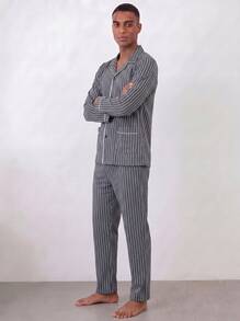 Snug League 两件套睡衣套装，男士睡衣，舒适新款睡衣套装，时尚黑白条纹长袖衬衫款式，长裤，休闲睡衣可户外穿着，秋冬服装 - 黑與白 - 查看 2