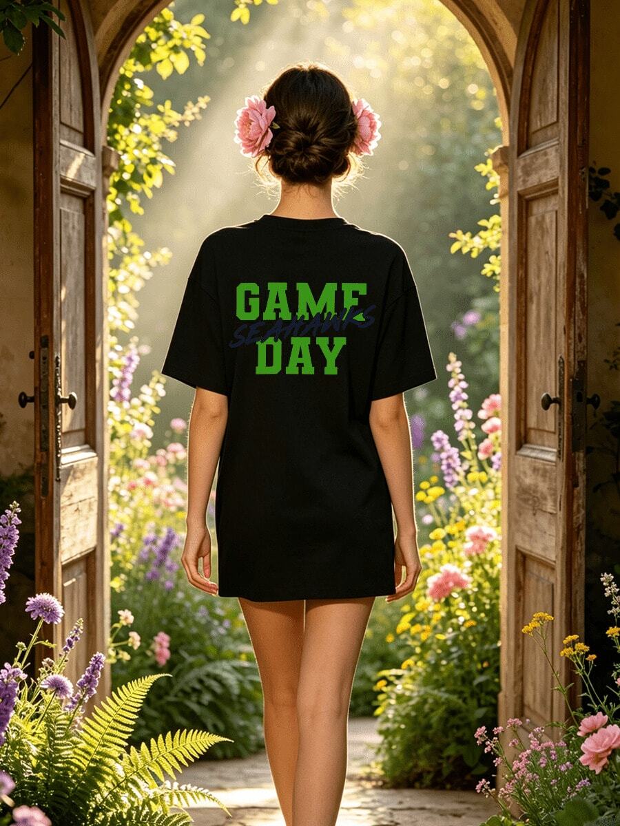 Damen Sommer Lässig Weich Rundhals Kurzarm T-Shirt, Seahawks Spieltag Muster Grafik passt zu Sport Frühling und Sommer Kleidung. - Schwarz - Übersicht 1