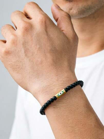1pc Men's 4mm Evil Eye Stone Beaded Bracelet, Minimalist Stretch Wristband, Good Luck Protection Jewelry Gift
