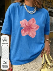 1pc Loose Round Neck T-Shirt With Hibiscus Print In Acid Wash Pink, Suitable For Summer, Beach And Casual Vacation, Y2K Casual Blouses For Women - 藍色 - 查看 1
