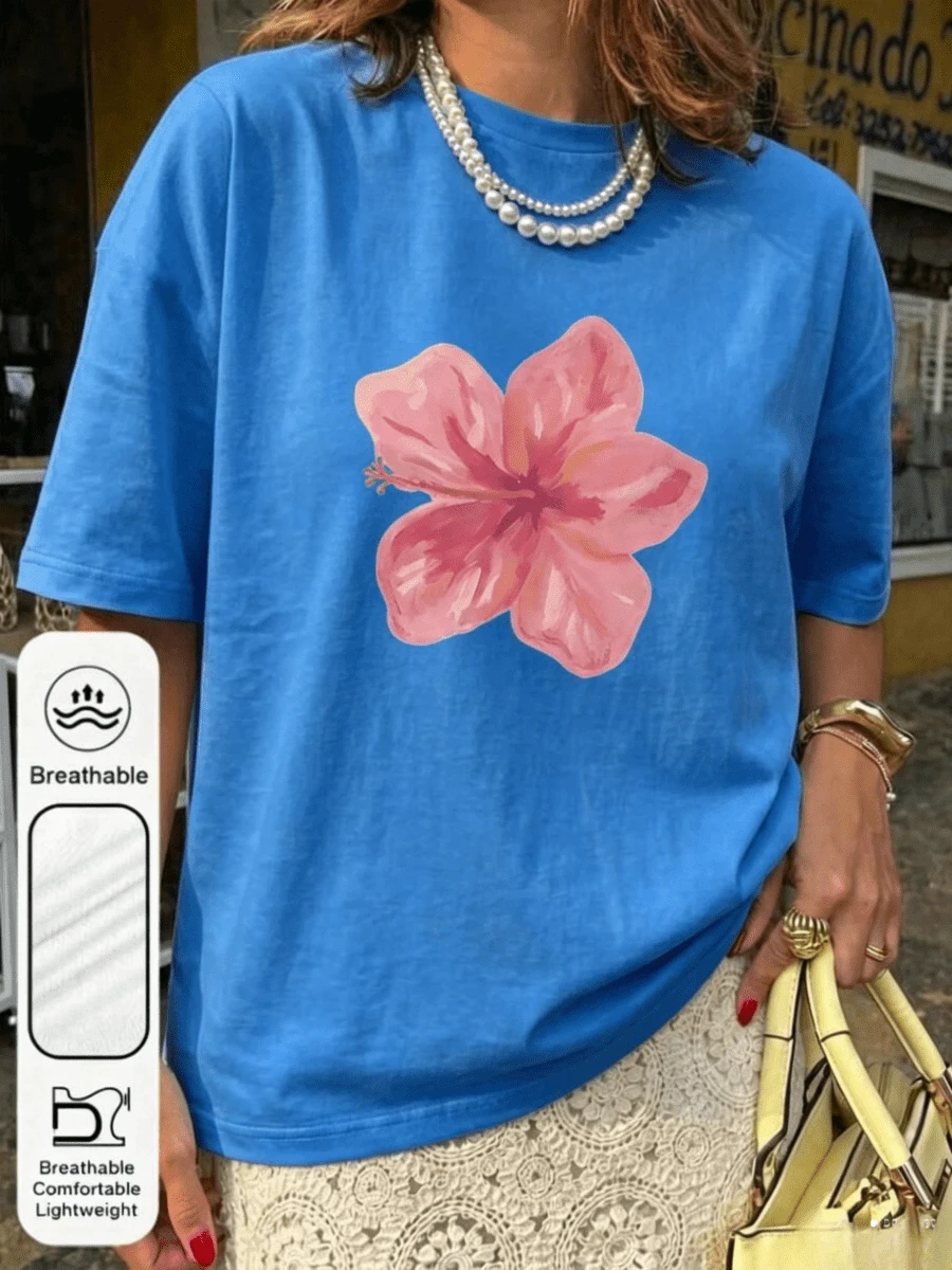 1pc Loose Round Neck T-Shirt With Hibiscus Print In Acid Wash Pink, Suitable For Summer, Beach And Casual Vacation, Y2K Casual Blouses For Women - 藍色 - 查看 1