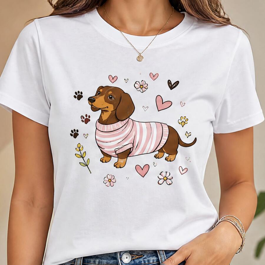 Playera para mujer con estampado de perro salchicha, camiseta femenina manga corta cuello redondo, blusa casual cómoda para amantes de mascotas, diseño adorable con flores, corazones y huellitas, ideal para uso diario, paseo, regalo para dueña de perro, veterinaria, estudiante o amiga, tallas chicas medianas grandes y extra, top suave para combinar con jeans, short o leggings - Blanco - Ver 1