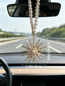 Baroque Style Pearl Sunflower Car Hanging Ornament, Alloy Sun God Pendant Rearview Mirror Decor, Car Interior Accessory - A - View 4