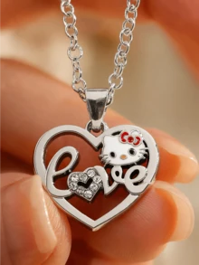 Miniso Hello Kitty Heart Love Rhinestone Pendant Necklace 1Pc Silver Tone Lightweight Comfortable For Women Daily Party Gift Sparkly - Style1 - View 2