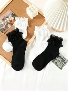 2/4 đôi tất viền ren mới, tất ren quá gối, tất điên, tất hài hước, tất nữ, tất bắp chân màu trơn phong cách Lolita Nhật Bản, tất ngọt ngào thường ngày đen trắng, phù hợp mặc hàng ngày và đi chơi, dùng cho mọi mùa - Nhiều màu - Xem 11