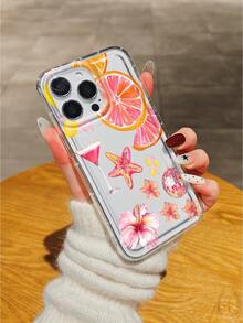 1pc Pink Hibiscus Sea Star Orange Lemon Cocktail Pattern Air Cushion Anti-Slip Soft Phone Case Compatible With IPhone 11/12/13/14/15/16 Pro Max/17 Pro Max/17/17 Plus/17 Pro - Multicolor - View 2
