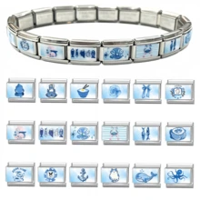Stainless Steel Italian Modular Bracelet Links, Blue Watercolor Style Enamel Charms (Ocean/Animal/Food/Book), Cute Versatile DIY Jewelry Supplies - Summer Printing - View 5