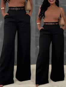 Women's Fashion Black Polyester Wide Leg Pants, With Pockets, Zipper And Buttons, Non-Stretch Fabric, Suitable For Commuting And Office Wear - Black - View 1