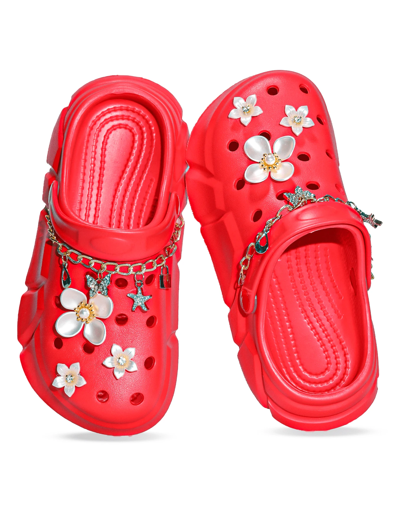 HOEASE Girls' Clogs, Garden Shoes, Comfortable Lightweight Hollow Out Sandals, Spring Summer Floral Design - Red - View 1
