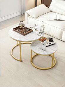 Gold-Plated Nesting Round Coffee Table With Wood Grain Marble Top And Sturdy Metal Frame, Suitable For Living Room, Bedroom, Balcony And Patio As Side Table - Gold - View 3