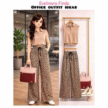 Elegant Leopard Print Casual Wide Leg Pants 2pcs Set, Collared Sleeveless Polo Shirt, Office Set Summer - Khaki - View 8