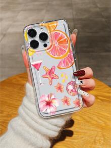 1pc Pink Hibiscus Sea Star Orange Lemon Cocktail Pattern Air Cushion Anti-Slip Soft Phone Case Compatible With IPhone 11/12/13/14/15/16 Pro Max/17 Pro Max/17/17 Plus/17 Pro - Multicolor - View 4