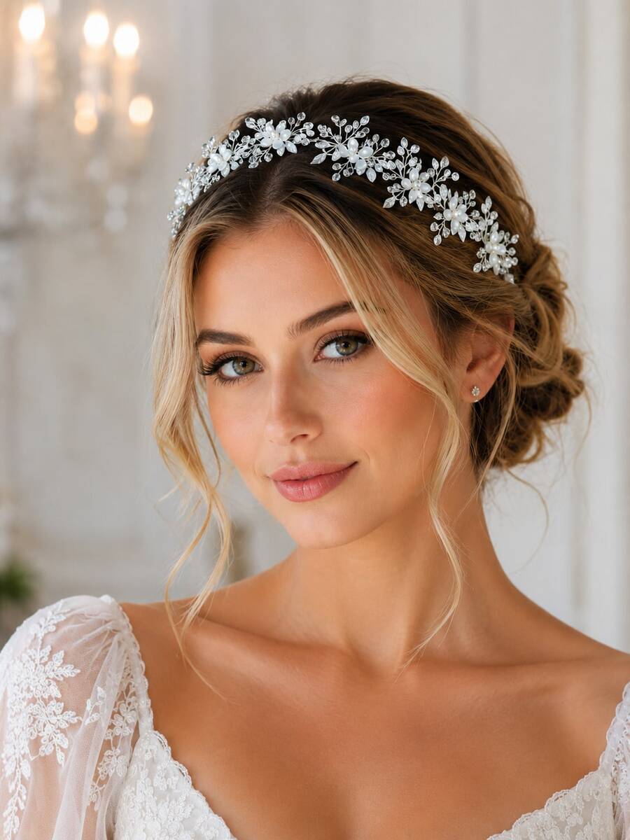1 tiara de luxo com strass e estampa floral, com véu transparente, ideal para damas de honra, noivas, ensaios fotográficos e eventos de gala. - Prata - Ver 1